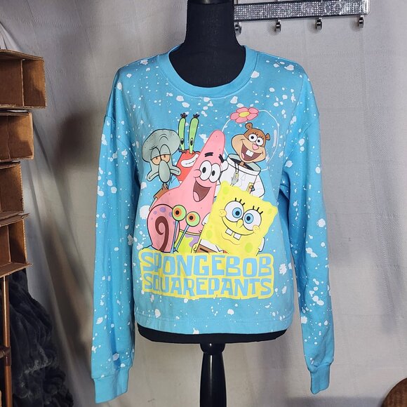 Nickelodeon Spongebob Blue White Snow Splatter Fleece Lined Crop Sweatshirt XXL - Picture 1 of 16